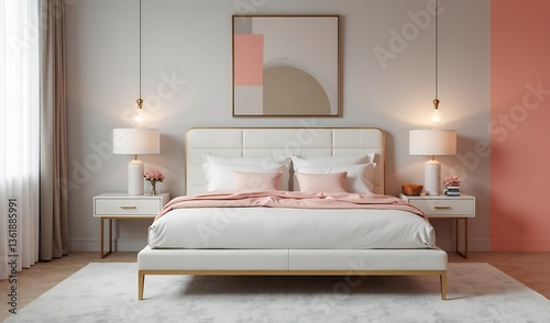Serene blush pink bedroom interior soft lighting elegant design. AI Generated