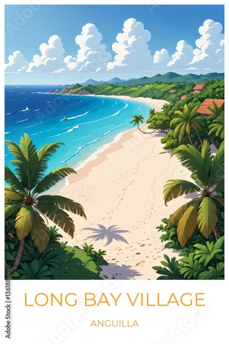 Long bay village Anguilla Travel Poster Flat Illustration Print Decor Gift Canvas Wall Art Gift