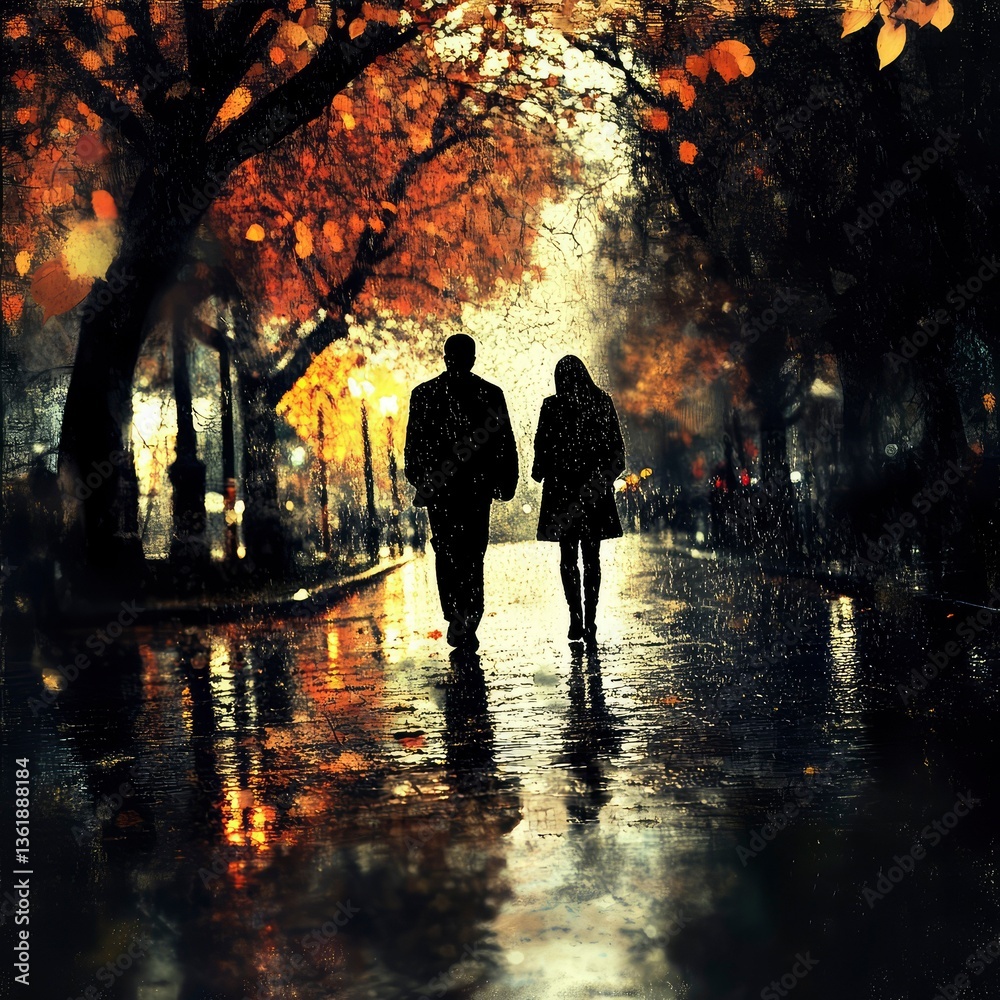 Fototapeta premium Romantic Couple Silhouetted Walking in Autumn Rain