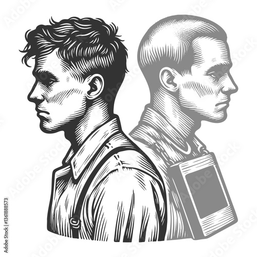 free man and an arrested man sketch engraving generative ai fictional character vector illustration. Scratch board imitation. Black and white image.