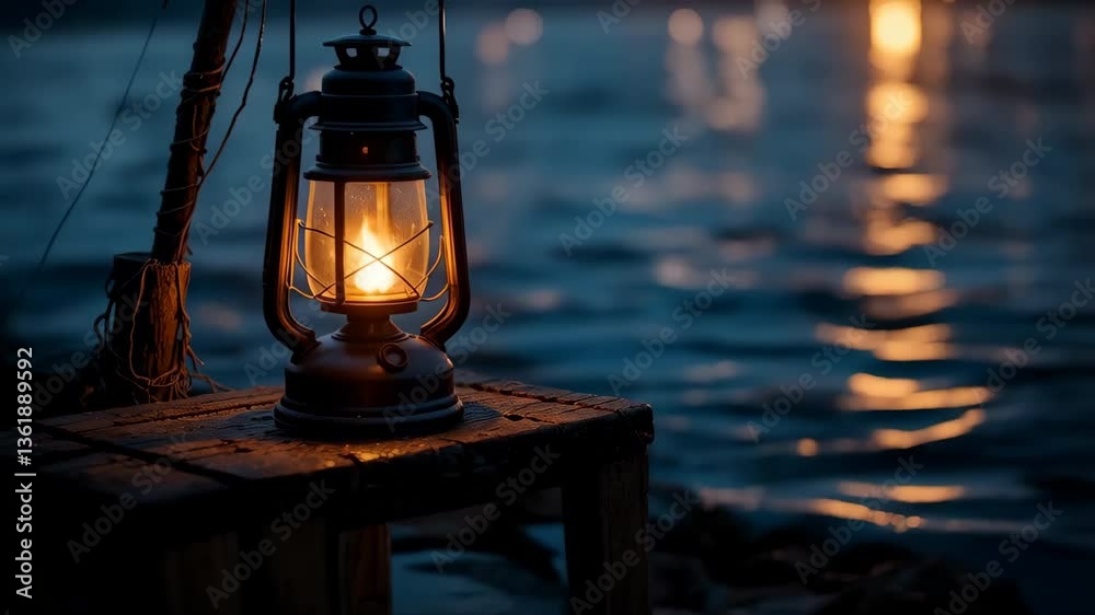 Illuminated Lantern at Dusk near Water A Peaceful Coastal Scene