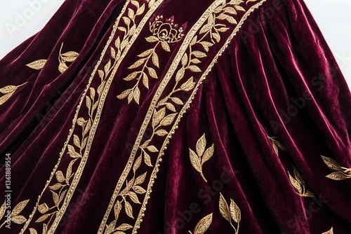 3D Luxurious Maroon Velvet Abaya with Gold Accents.