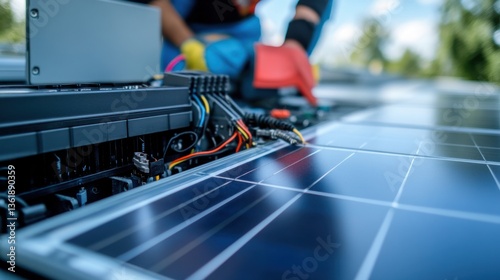 A close-up of solar panel wiring being connected to a charge controller, with a clean background for focus