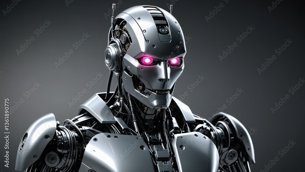 Silver android with red eyes, representing futuristic robotics and artificial intelligence Silver android with red eyes, representing futuristic robotics and artificial intelligence
