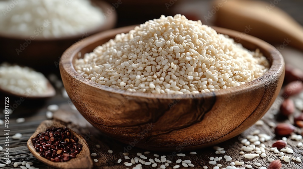 a wooden bowl filled with sesame seeds sits on a wooden surface displaying the small off white seeds commonly used in cooking,baking a wooden bowl filled with sesame seeds sits on a wooden surface displaying the small off white seeds commonly used in cooking,baking