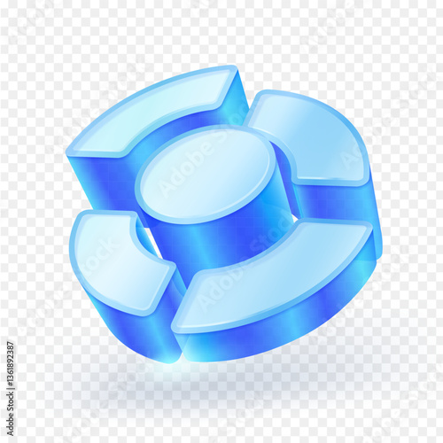 3D transparent glass pie chart icon. Circle chart, Financial data presentation concept, Market share isolated on white background. Vector illustration.