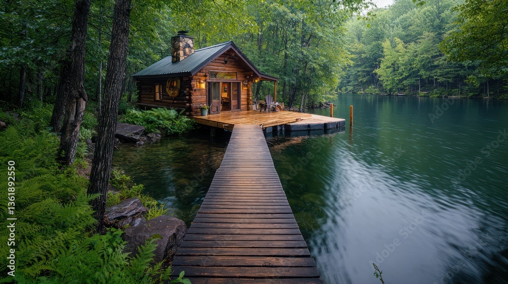 Fototapeta premium Lakeside cabin on a wooden dock