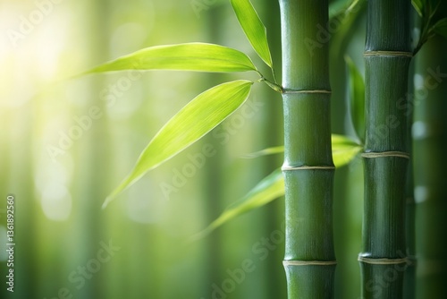 Bamboo stalks thrive in a serene grove filled with sunlight and lush greenery, highlighting nature's beauty and resilience