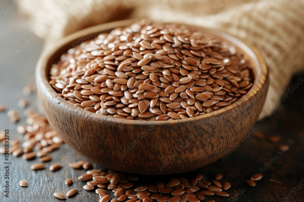 Brown flaxseeds in a wooden bowl displayed on a rustic table with scattered seeds around Brown flaxseeds in a wooden bowl displayed on a rustic table with scattered seeds around
