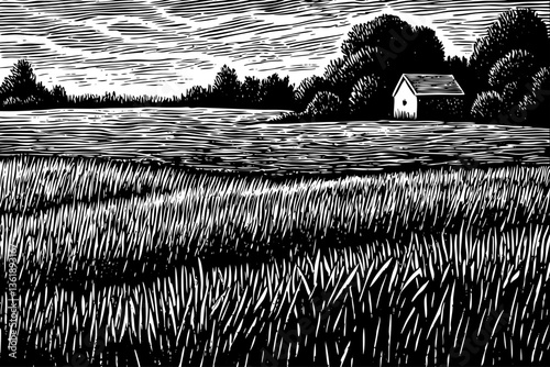 field of grass with a house visible in the distance black and white sketch vector