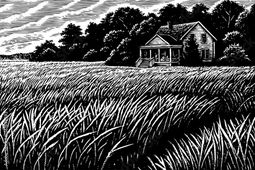field of grass with a house visible in the distance black and white sketch vector