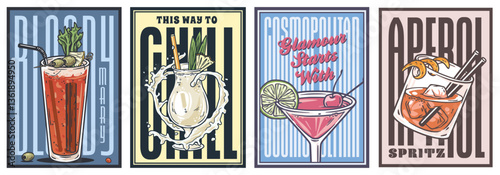 Cocktail set of retro, vintage poster with manhattan, pina colada, negroni, bloody mary for design of surfing, tiki or beach bar menu. Alcohol cocktails for drink party, summer vibes