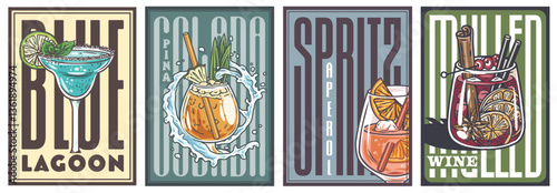 Cocktail set of retro, vintage poster with pina colada, blue lagoon, aperol spritz, sangria for design of surfing, tiki or beach bar menu. Alcohol cocktails for drink party, summer vibes