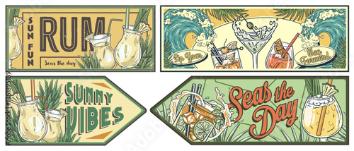 Pina colada cocktail on vintage poster or retro sign with martini, negroni, aperol spritz for design of surfing, tiki, beach bar menu. Aperol spritz alcohol cocktail set for drink party, summer vibes