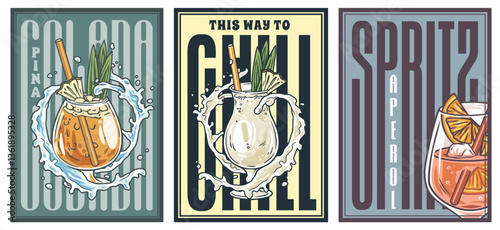 Pina Colada cocktail glass on retro, vintage poster with rum, slice of pineapple for design of surfing, tiki or beach bar menu. Aperol spritz Alcohol cocktail set for drink party, summer vibes