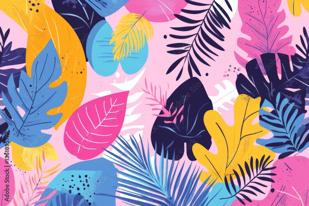 Obraz premium Colorful tropical leaf pattern on a pink background creating a vibrant and lively atmosphere