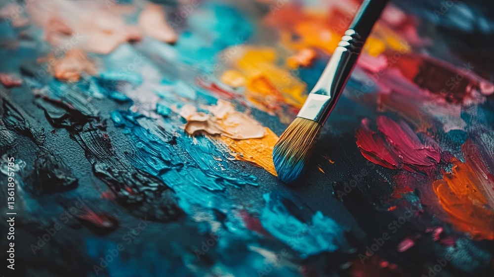 A close-up of an art palette with vibrant colors and paintbrushes pic A close-up of an art palette with vibrant colors and paintbrushes pic