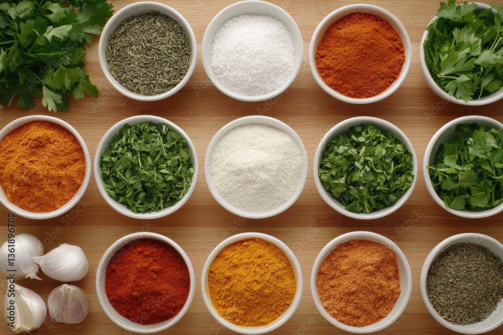 Variety of spices and herbs displayed in small bowls on wooden surface during culinary preparation Variety of spices and herbs displayed in small bowls on wooden surface during culinary preparation