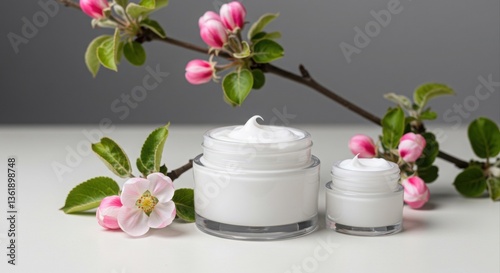 Wallpaper Mural Spring blossom skincare cream jars. Torontodigital.ca