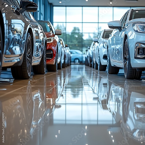 A dealership showroom displaying various automobiles in different colors