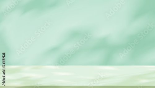 Green Background,Shadow leave and blurred gradient light on studio wall room and podium stage for cosmetic product presentation,Summer or Spring banner green pastel with abstract sunlight on floor