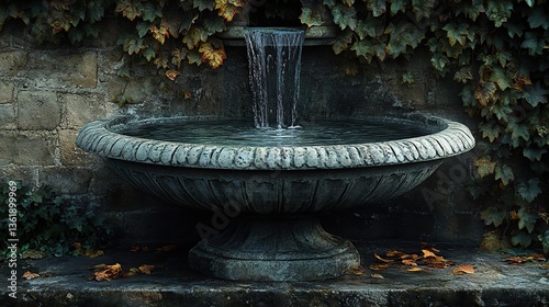an old stone fountain with water cascading down against a dark overgrown wall of dry vines the image evokes a sense of history,quiet solitude enhanced by its muted tones,rustic charm