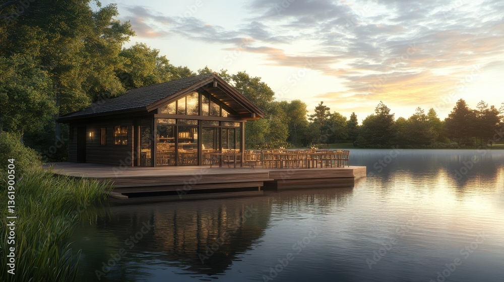 Obraz premium Tranquil lakeside cabin at sunset with dining area and serene reflections