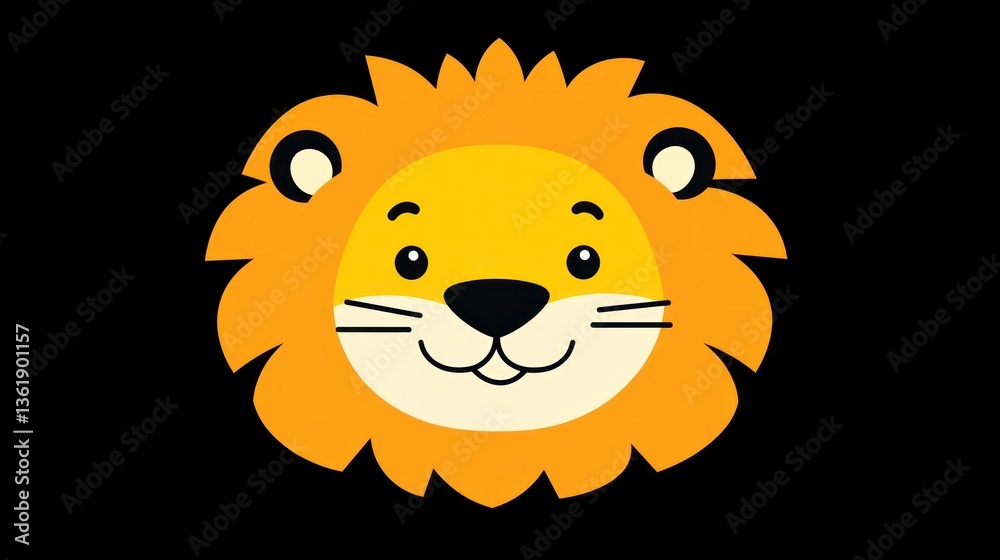 Obraz premium Cute cartoon lion head, front view, isolated on black background, suitable for children's products
