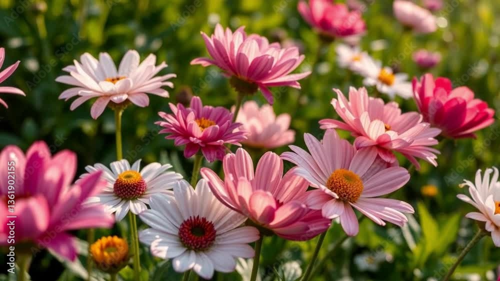Vibrant Pink and White Daisies in Full Bloom: Close-Up of Colorful Garden Flowers Vibrant Pink and White Daisies in Full Bloom: Close-Up of Colorful Garden Flowers