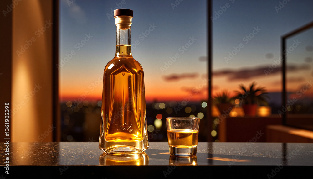 Cinco de Mayo. Tequila Bottle and Shot at Sunset by the Water Cinco de Mayo. Tequila Bottle and Shot at Sunset by the Water