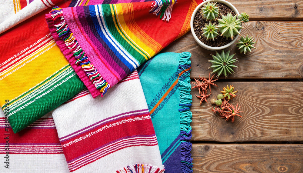 Fototapeta premium Colorful Mexican blankets and succulents for Cinco de Mayo celebration 