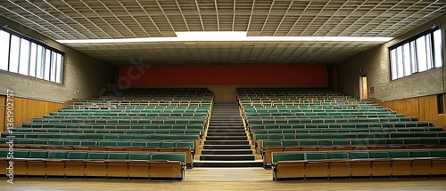 An empty lecture hall with rows of green seating arrangements