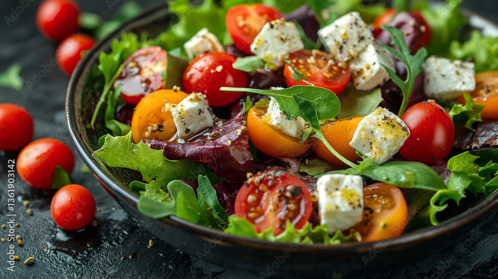 A vibrant salad featuring a mix of fresh greens, cherry tomatoes, and feta cheese, creating a healthy and colorful meal. A vibrant salad featuring a mix of fresh greens, cherry tomatoes, and feta cheese, creating a healthy and colorful meal.