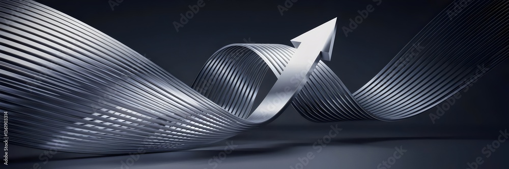 Obraz premium 3D render of twisting lines forming a sharp arrow with reflective highlights on dark gradient background