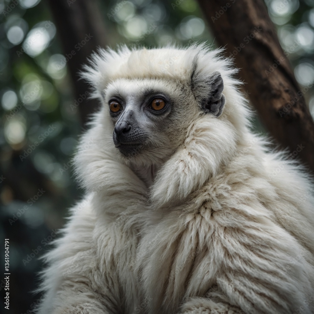 Fototapeta premium A white lemur with long, flowing fur, depicted as an emperor in an ancient civilization.