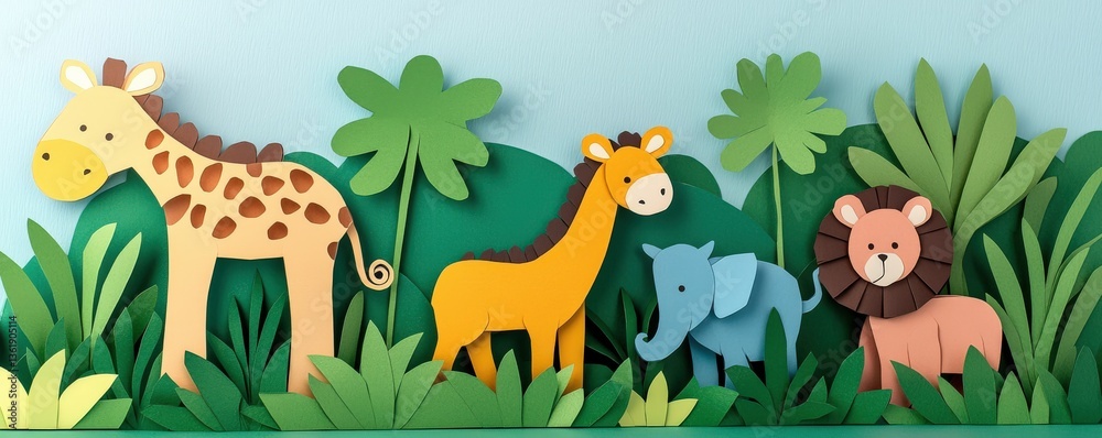 Naklejka premium kids art craft and collage concept. Colorful cartoon animals in a vibrant jungle setting.