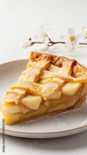 Perfect piece of apple pie cake dessert on a white plate decorated with white tender flowers isolated on clear white background bakery pastry