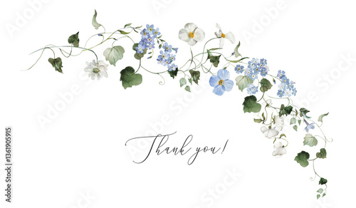 Watercolor floral bouquet border. Hydrangea myosotis rose peony blue white flowers, green leaves branches collection. Wedding invitations, greeting card, wallpaper, fashion, prints, fashion, template