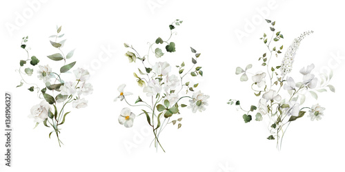 Watercolor floral bouquet illustration set. Hydrangea myosotis white flowers, green leaves branches collection. Wedding invitations, greeting card, wallpaper, fashion, prints, fashion, templates.
