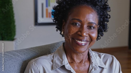 black woman with black hair sits and listens while chuckling, waiting room decor, simple composition