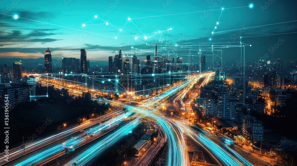 Fototapeta premium Smart City at Night: A Network of Lights and Connections