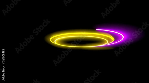 Abstract Neon Rings: Glowing Yellow and Purple Light Trails on Black Background
