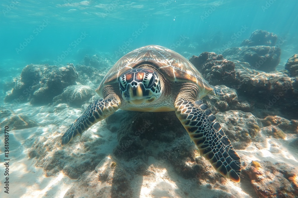 Fototapeta premium Underwater turtle swims gracefully among coral reefs in clear ocean waters