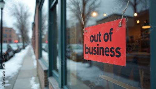 Fototapeta Naklejka Na Ścianę i Meble -  Red out of business sign in storefront window. Economic crisis, retail closures, loss of jobs. Empty shop, urban scene, winter, snow. Impact small business.