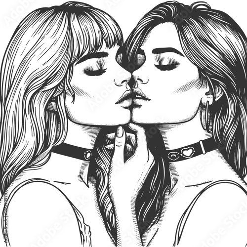 woman kissing her mirrored reflection. Elegant and surreal artwork with intricate line details sketch engraving generative ai vector illustration. Scratch board imitation. Black and white image.