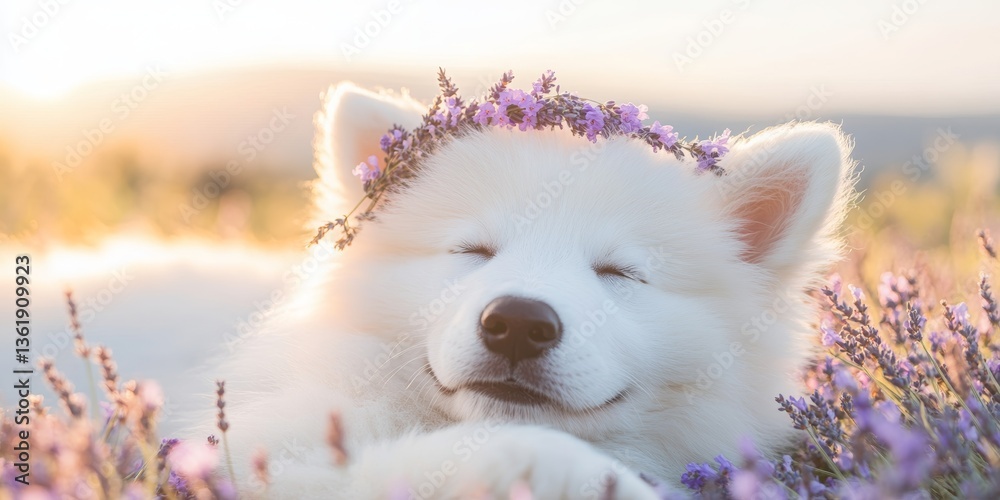 Obraz premium Fluffy samoyed puppy in lavender field with floral crown at sunset