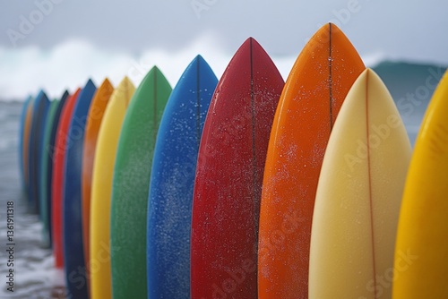 Colorful surfboards stand in a row at a beach during a cloudy day with large waves crashing in the background