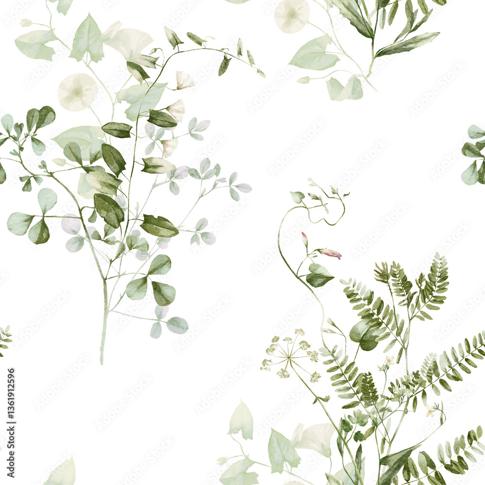 Obraz premium Wildflower watercolor floral seamless pattern - flowers, green leaves, branches on white background, Wrapping paper, wallpaper, postcard, greeting card, wedding invitation, textile, fashion, print.