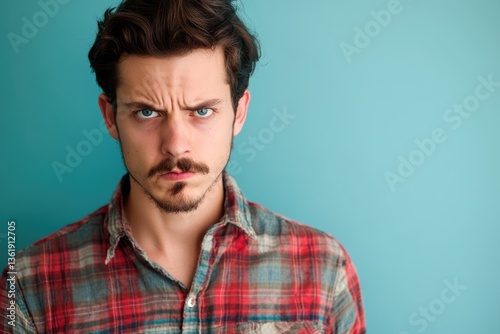 Ugh - Dissatisfied Latin Hipster Guy in Plaid Shirt Against Blue Wall
