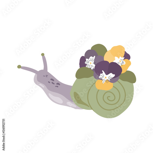 Vector hand drawn colorful snails with bouquet of violet and yellow flowers like pansies. Illustration of spring cochleas with shells crawling